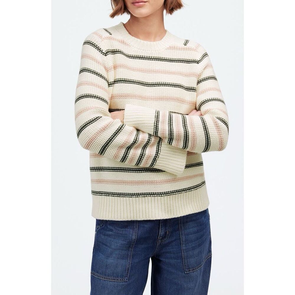 Madewell Stripe Crewneck Cotton Sweater in Dark Loden Stripe Size Small NWT